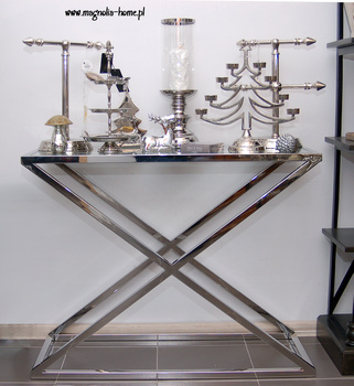 Konsolka cross. Srebrna konsola. Polerowana stal szlachetna i hartowane szkło. 95*40*75cm