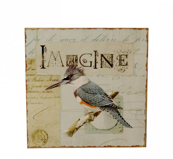 IMAGINE. Metalowy postarzany obrazek z ptaszkiem.