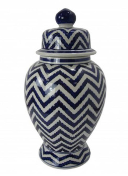 Ceramiczna, granatowo - biała, szewronowa amfora - wazon Lka. 